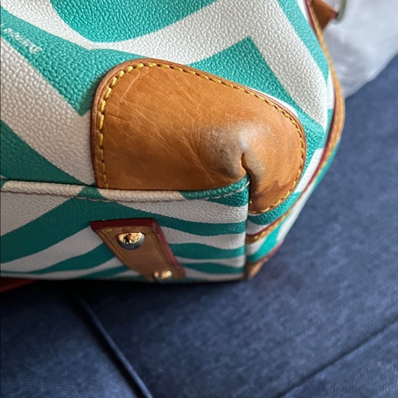 Dooney & Bourke Teal and Cream Chevron Satchel with Tan Leather Trim - Picture 6 of 13